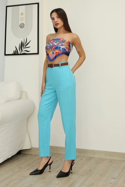 lodmela Linen Trousers with Belt Detail and Elastic Waist 6167-Turquoise