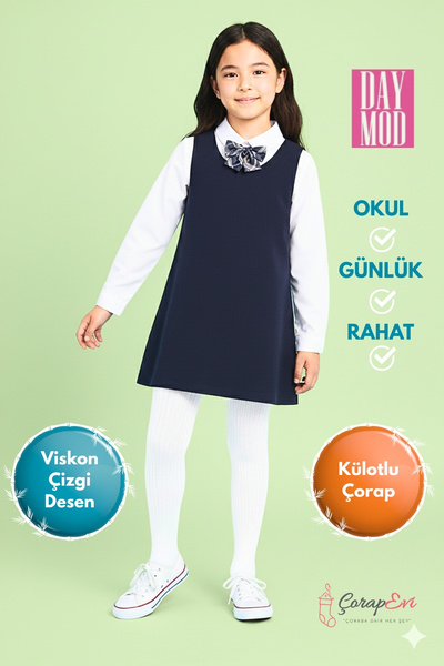 Daymod Kız Çocuk Okul Günlük Rahat Siyah Beyaz Külotlu Çorap - Viskon Kumaş Çocuk Külotlu Çorabı - 6 Beden