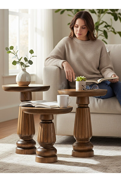 ASELYA HOME Doğal Ahşap 3’lü Set Mantar Yan Sehpa Modern Fiskos Zigon Çiçeklik