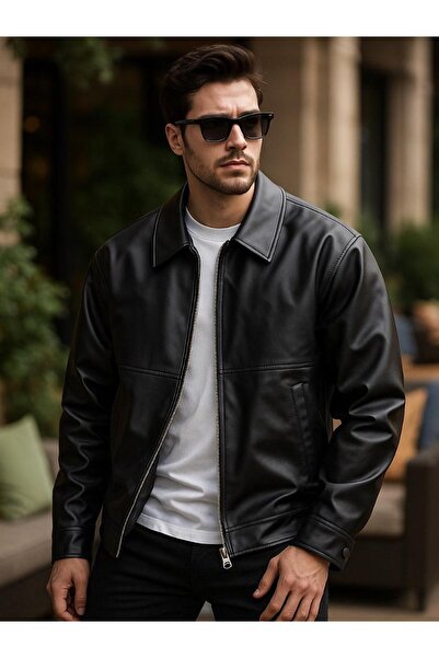 FREED MOND erkek siyah oversize suni deri ceket