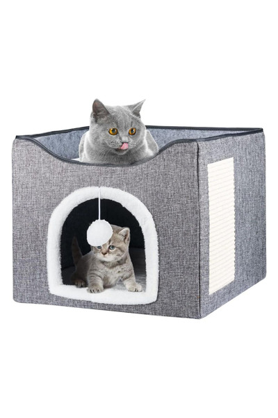 Teno Teno® Cat House, indoor, non-slip base, fluffy bedding, 38 x 38 cm, gray