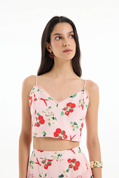 Quzu Γυναικεία μπλούζα με λεπτομέρεια ροζ ρίγες T-shirt 25YBLZ00393-Ροζ