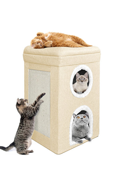 Teno Casuta pentru Pisici Teno®, de interior, 2 nivele, baza anti-alunecare, 38 x 38 x 64 cm, bej