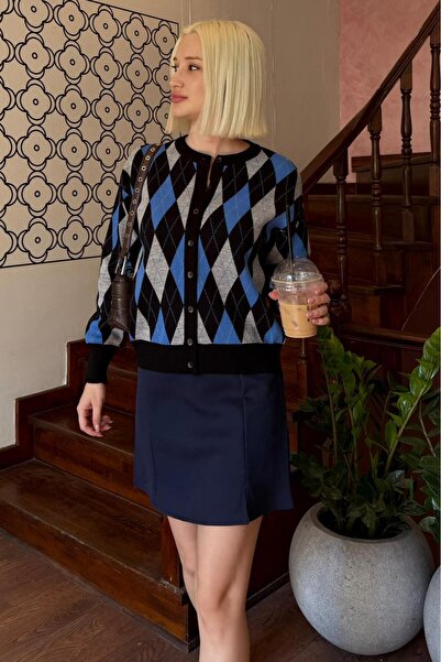 Madmext Black Diamond Patterned Crew Neck Women's Cardigan Mg2496