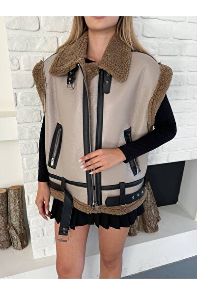 VESS MODA Жіночий плюшевий ламінований шкіряний жилет з поясом