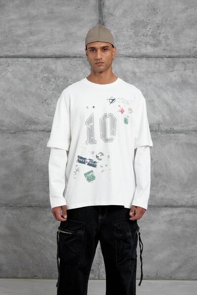 NOMARC Φούτερ με στάμπα λευκού χρώματος με μοντέρνο σχέδιο με μακριά μανίκια