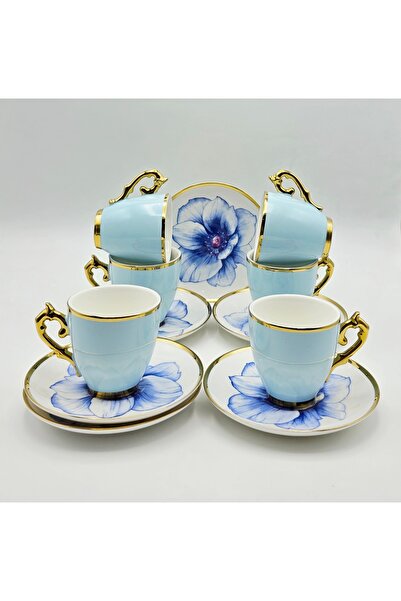 Tekbir VİNTAGE TURKUAZ ÇİÇEKLİ PORSELEN KAHVE FİNCAN 12 Parça & 6 Kişilik