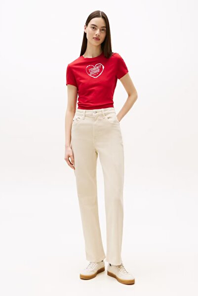 Tommy Hilfiger Kadın Slim Fit Yüksek Bel Düz Paça Pantolon - Krem