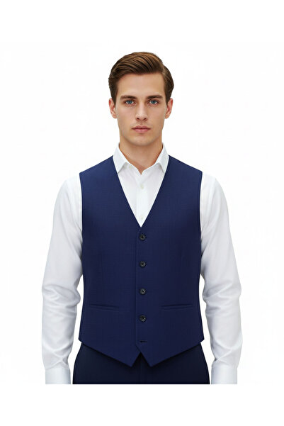 MENTOR REGALO Men's Vest V-Neck Navy Blue Picture Pattern Regular Fit