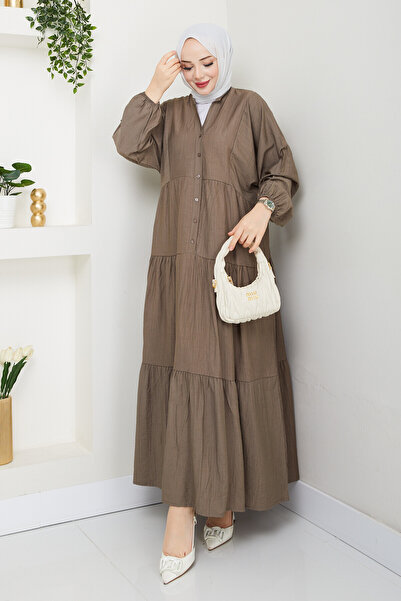 TUBA EXPORT Kadın Düğmeli ve kat Kat Etekli Tesettür Büyük Beden Elbise | Rahat ve Şık Elbise Modelİ
