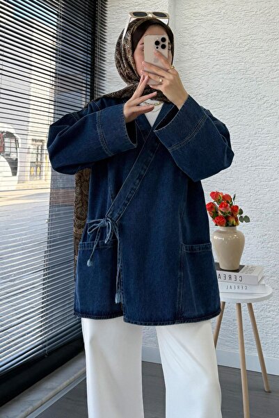 MELEK ARAZ Anvelop Bağlamalı Oversize Denim Ceket - Koyu Mavi