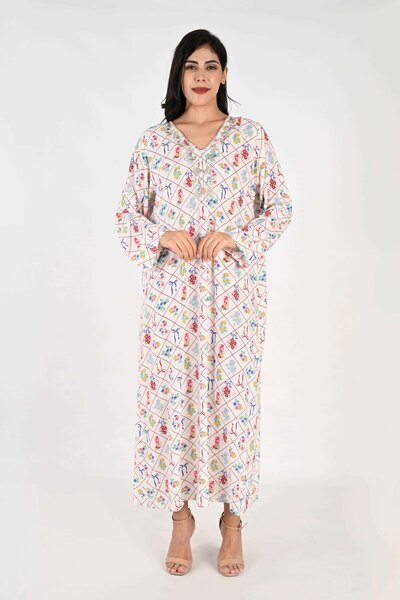 LINELLE جلابية نسائية - بيضاء مع طبعة زهور ملونة وعقدة ماسية وتطريز بتفاصيل