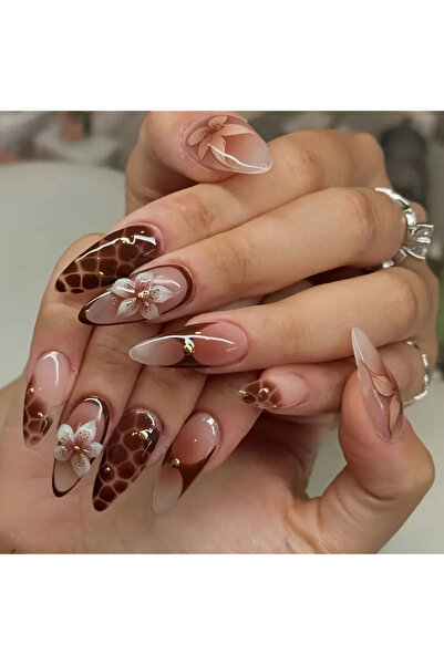 NAİL ART 24 Adet 3D Leoparlı ve Zambak Çiçekli Taşlı Badem Takma Tırnak Seti