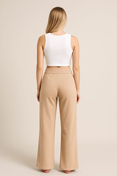 enmodaiçgiyim Pantaloni de damă din bumbac cu talie înaltă din țesătură premium, elastici, cu fermoar în față, cu picioare largi - bej