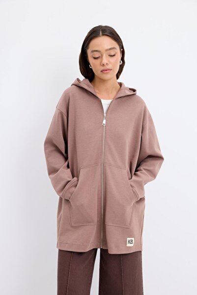 KADRİYE BAŞTÜRK Zippered Kangaroo Pocket Hooded Cardigan Dusty Brown