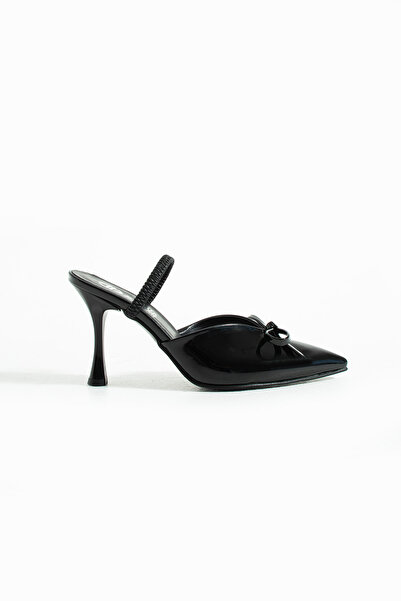 SHOW LİFE Black Shoes with Heels and Ankle Strap Bow for Office and Occasion (9cm)