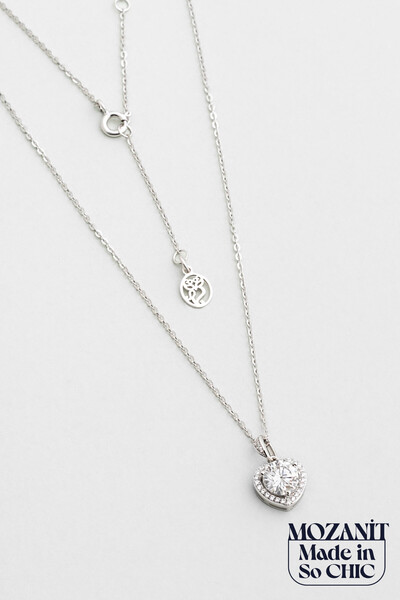 So CHIC... Mozanit Kalbi 18 Ayar Beyaz Altın Kaplama 46 Cm Gümüş Kolye