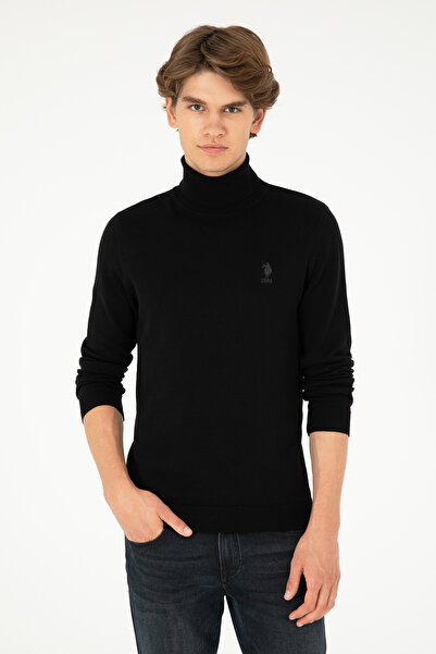 U.S. Polo Assn. Men's Black Sweater with High Collar and Embroidered Logo