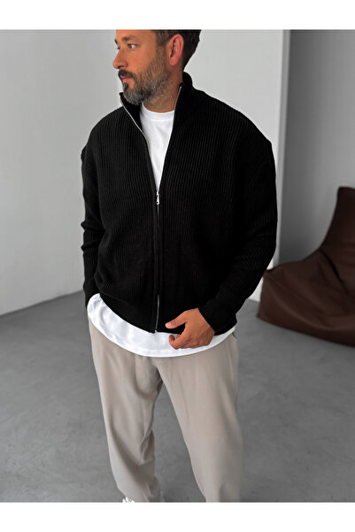 BYBASICMAN Siyah Fermuarlı Yarım Balıkçı Yaka Örme Hırka PM-022