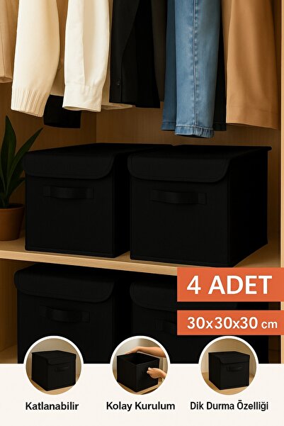 PH Prendi Home 4’lü Siyah Kapaklı Kumaş Dolap İçi Düzenleyici Kutu - 30x30x30 cm Katlanabilir Saklama Kutusu