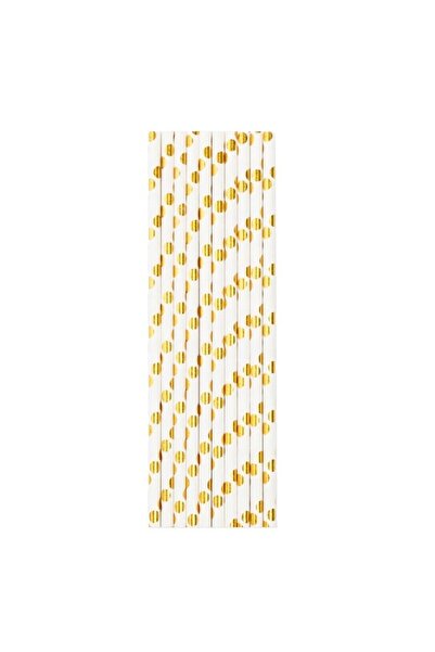 Teo Set 10 Paie, , din Hartie, 19.5 cm, Model cu Buline Aurii, Alb