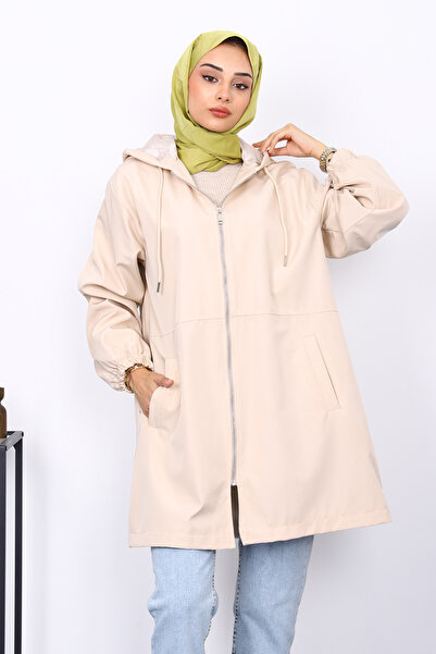 İmajButik Beige Hooded Trench Coat with Embroidered Back