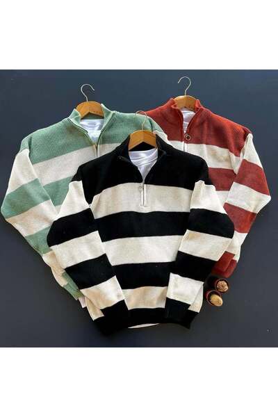 cheen 3-Piece Striped Half-Zip Knit Sweater
