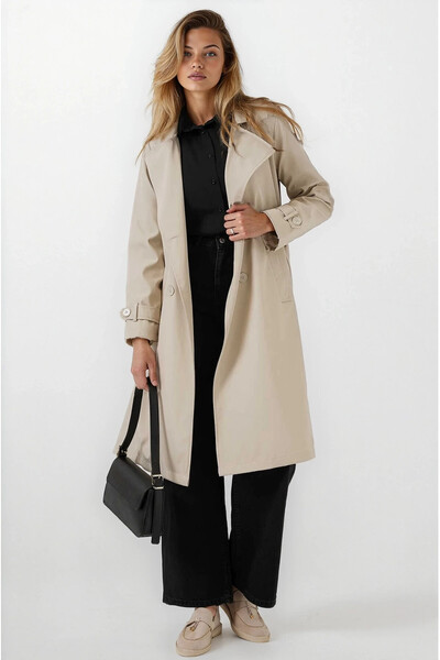 hazelin Women's Beige Double Breasted Collar Belted Lined Trench Coat Hzl25W-Bd159181