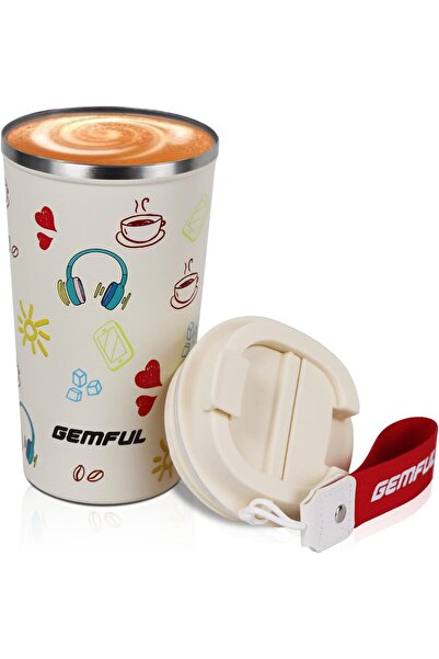GEMFUL كوب قهوة للسفر معزول بالفراغ من الفولاذ المقاوم للصدأ (كريمي، 510 مل)