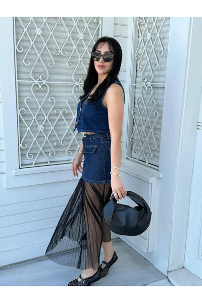 Mzr Collection Fusta de damă din denim cu detalii din tul