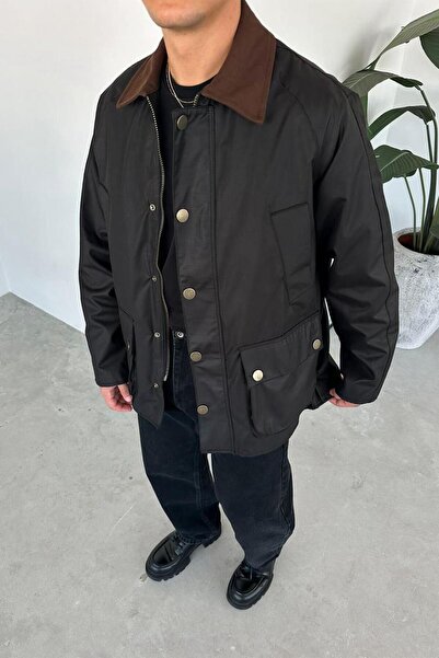 HAFKAGİYİM Чорна вощена куртка з великими кишенями та застібками