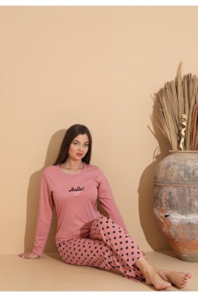 Serena Women's pink pajamas with "HELLO" print and long polka dot pants - 100% cotton