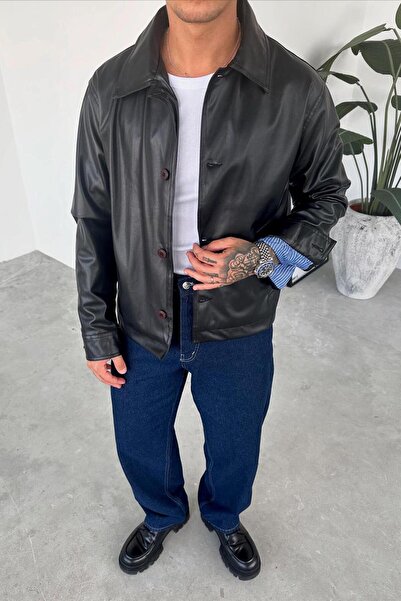 HAFKAGİYİM Чорна кнопка Деталь Розслаблена шкіряна куртка