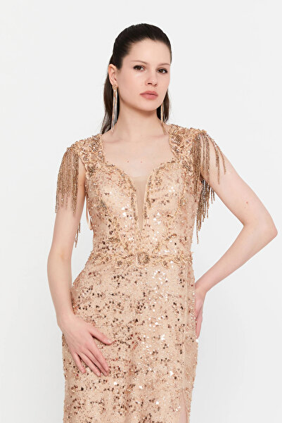 Alinexclusive Women's Stone and Sequin Detailed Sleeveless Fish Shape Tulle Evening Dress 1891 Mink