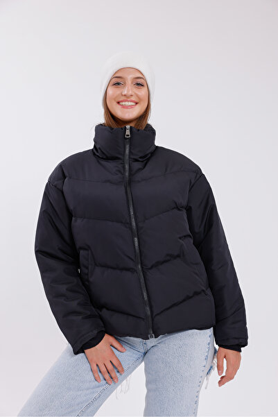 Montland Palton negru căptușit pentru femei - Guler înalt, rezistent la apă - Rezistent la frig