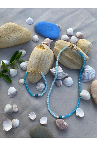 Assu Aksesuar Apatit Doğal Taş Boncuk Kolye Bileklik Takım