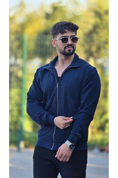 Unisex Rahat Kesim Tam Fermuarlı Cepli Lacivert Dik Yaka Sweatshirt
