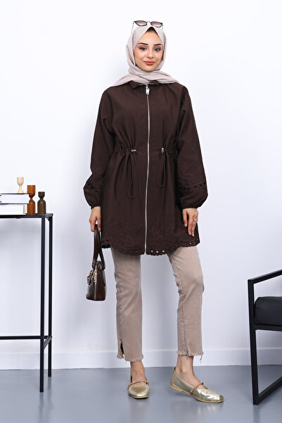 İmajButik Brown Trench Coat with Elastic Waist and Embroidery Detail
