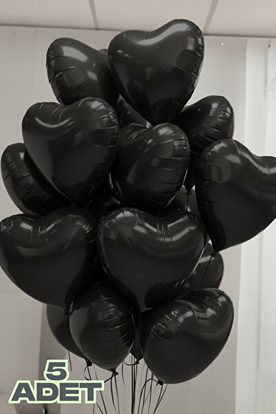 Baloncu Nene 5 Adet Siyah Kalpl Folyo Balon Rafya ve Balon Bandı Helyum Sevgi...