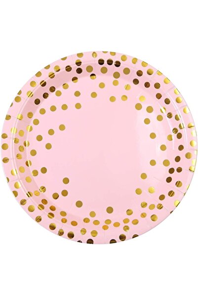 Flippy Set 10 Farfurii Unica Folosinta, Flippy, Imprimeu cu Buline, din Carton, Diametru 23 cm, Roz/Auriu