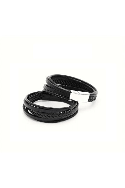 Belora Casual Multilayer Bracelet Set Made of Eco-friendly Leather, black