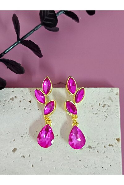 mos&more Pembe Gold Kristal Taşlı Yaprak Küpe