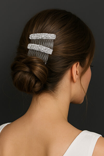 Massaltay Taşlı Şeffaf Tarak Toka 2’li Set – Gelin , Abiye Saç Aksesuarı