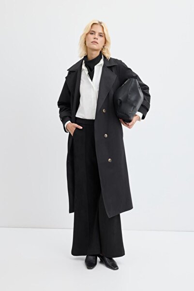 KADRİYE BAŞTÜRK Double-Breasted Collar Lined Long Trench Coat Black