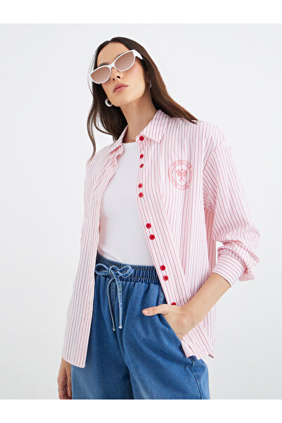 Styli Red Striped Double Button Oversized Shirt