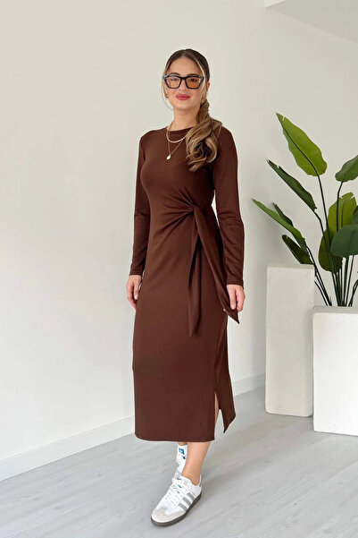 MİROR Γυναικείο φόρεμα με μακρύ μανίκι από ύφασμα καφέ χρώματος