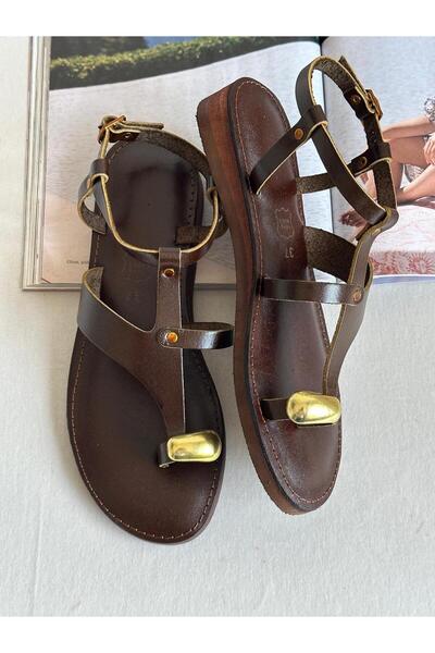 Zuum Pelas 100% Genuine Leather Ringed Flip-Flop Women's Sandals - Brown Leather