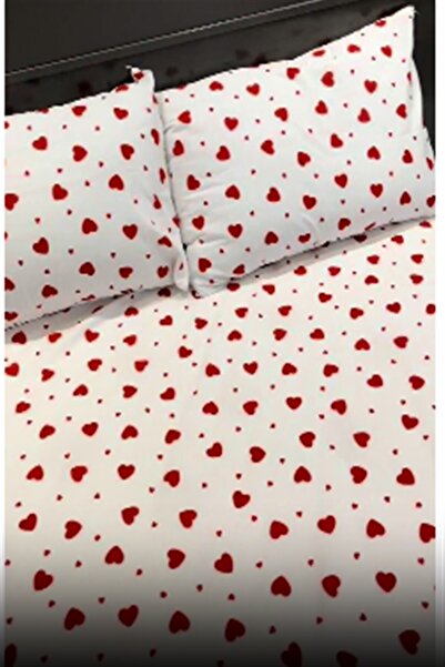 MORE HOME طقم ملاءات مطاطية مزدوجة + غطاء وسادة بنمط قلب أبيض وأحمر