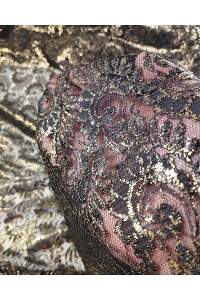 Kumaş Parça دانتيل مطلي بالذهب الأسود عرض: 140