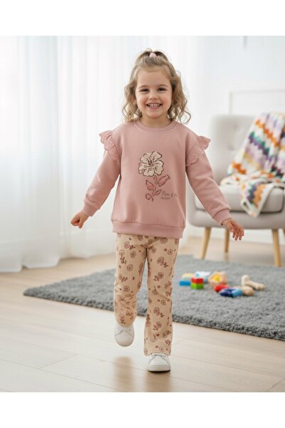voyyo kids baby Girl's Rose Printed Sleeve Ruffle Detail, Seasonal Stylish Suit with Rose Printed Ribbed Leggings for Ages 2-6
